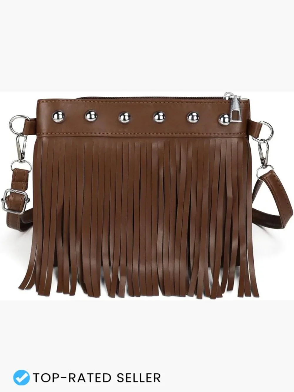 Faux Leather Crossbody Bag with Tassel Rivets Lightweight Versatile Strap